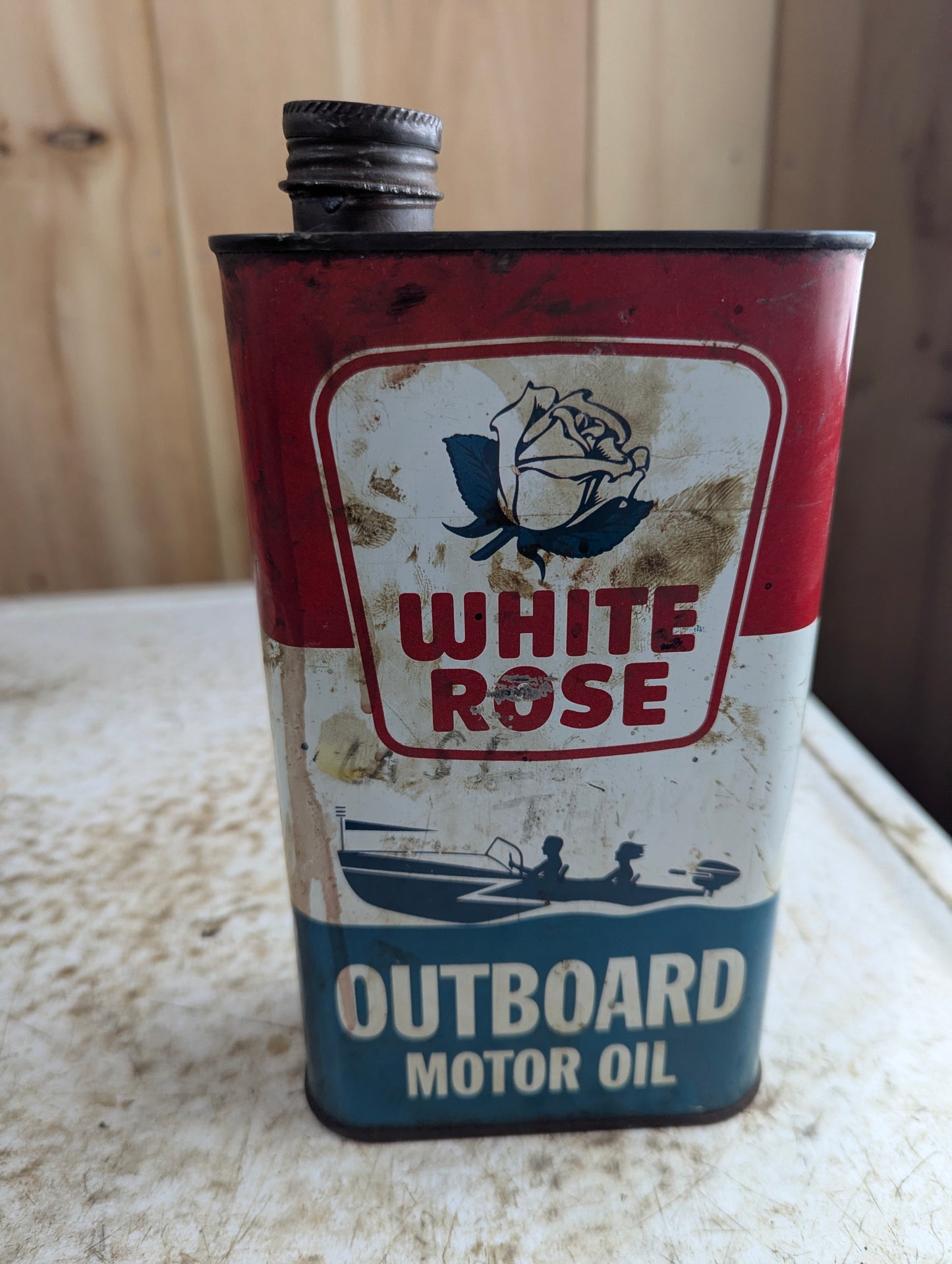 Vintage 1 Quart White Rose Outboard Power Mower Motor Oil Tin Can