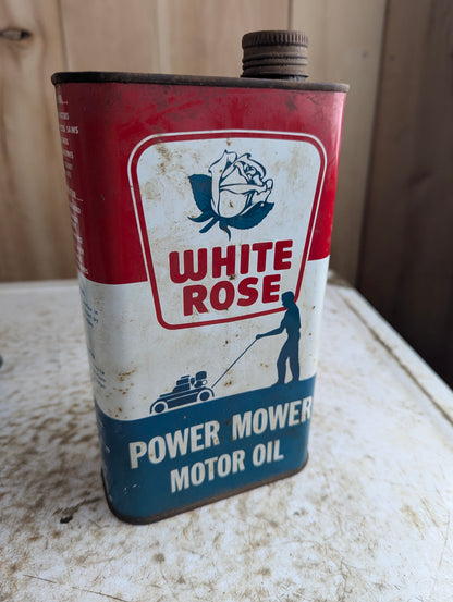 Vintage 1 Quart White Rose Outboard Power Mower Motor Oil Tin Can