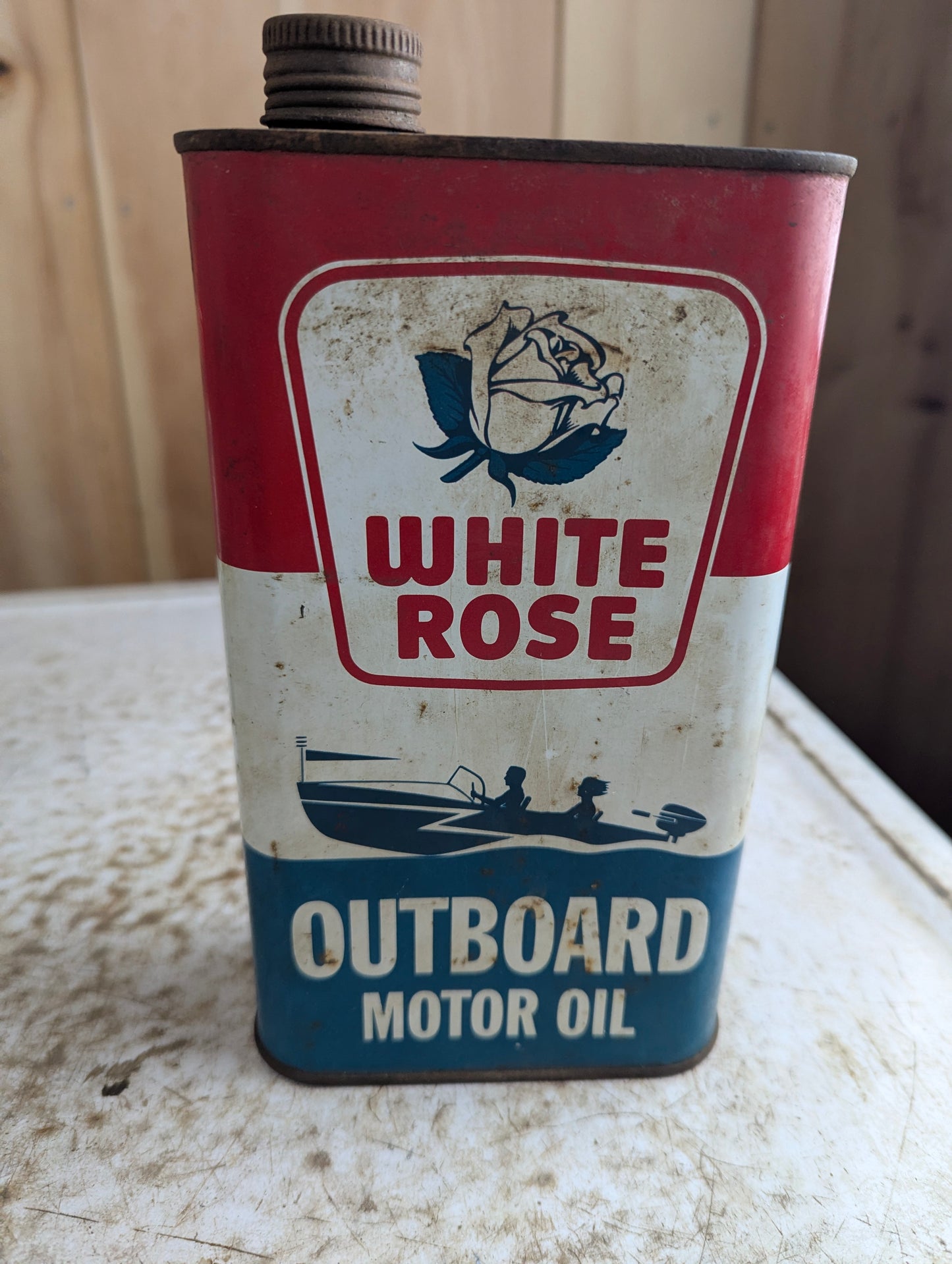 Vintage 1 Quart White Rose Outboard Power Mower Motor Oil Tin Can