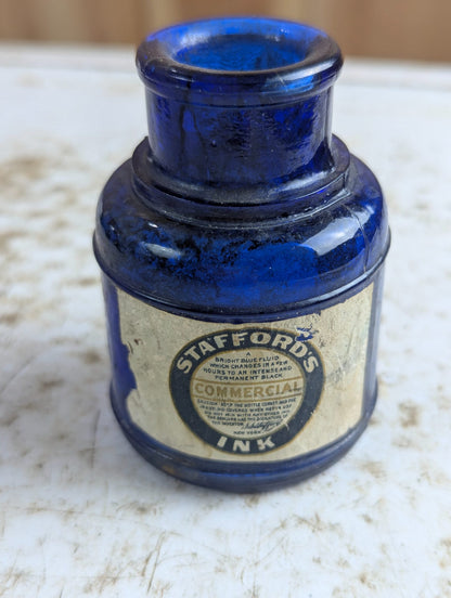 Vintage Stafford's Commercial Ink Cobalt Blue Glass Bottle with Original Label