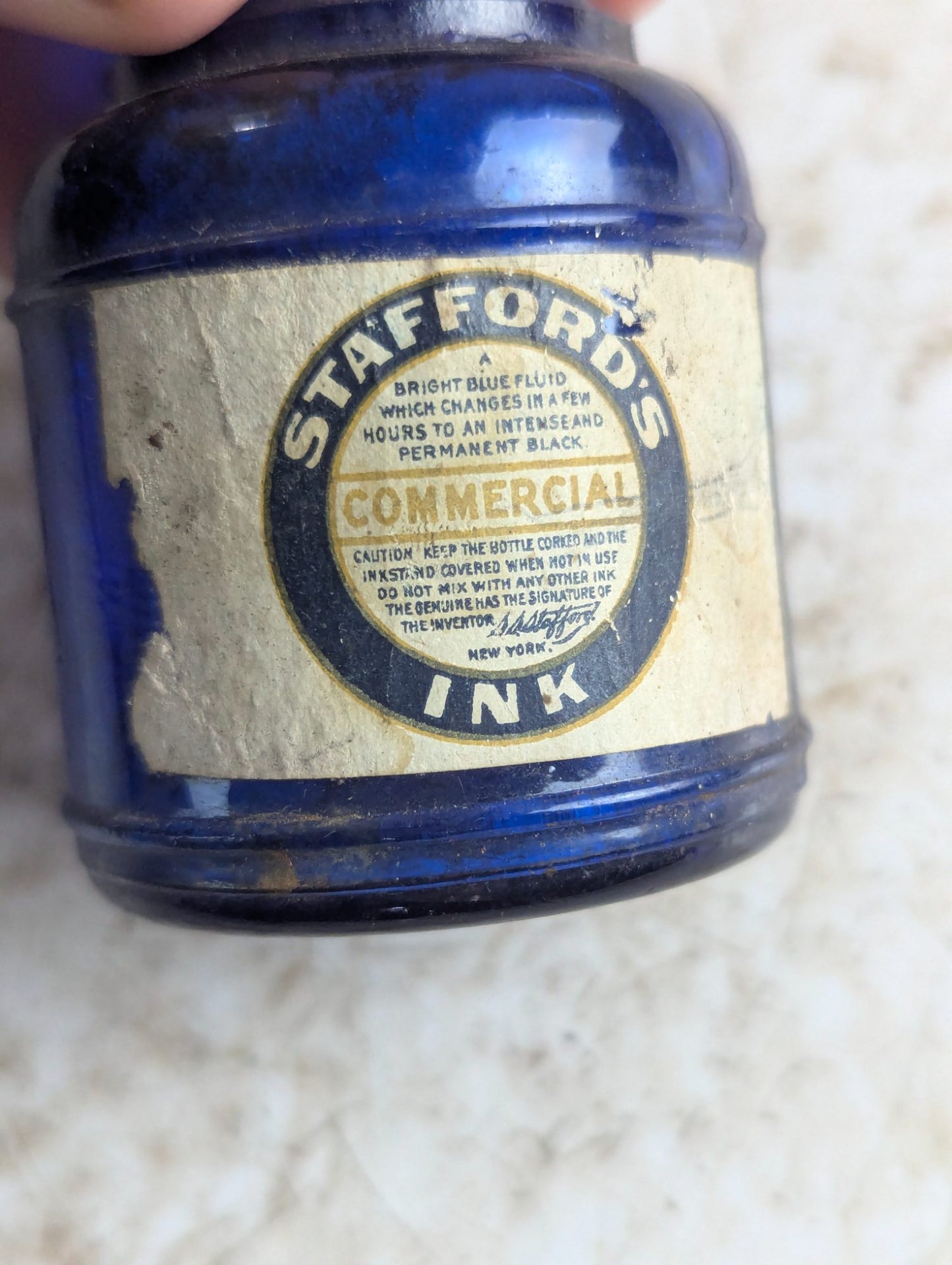 Vintage Stafford's Commercial Ink Cobalt Blue Glass Bottle with Original Label