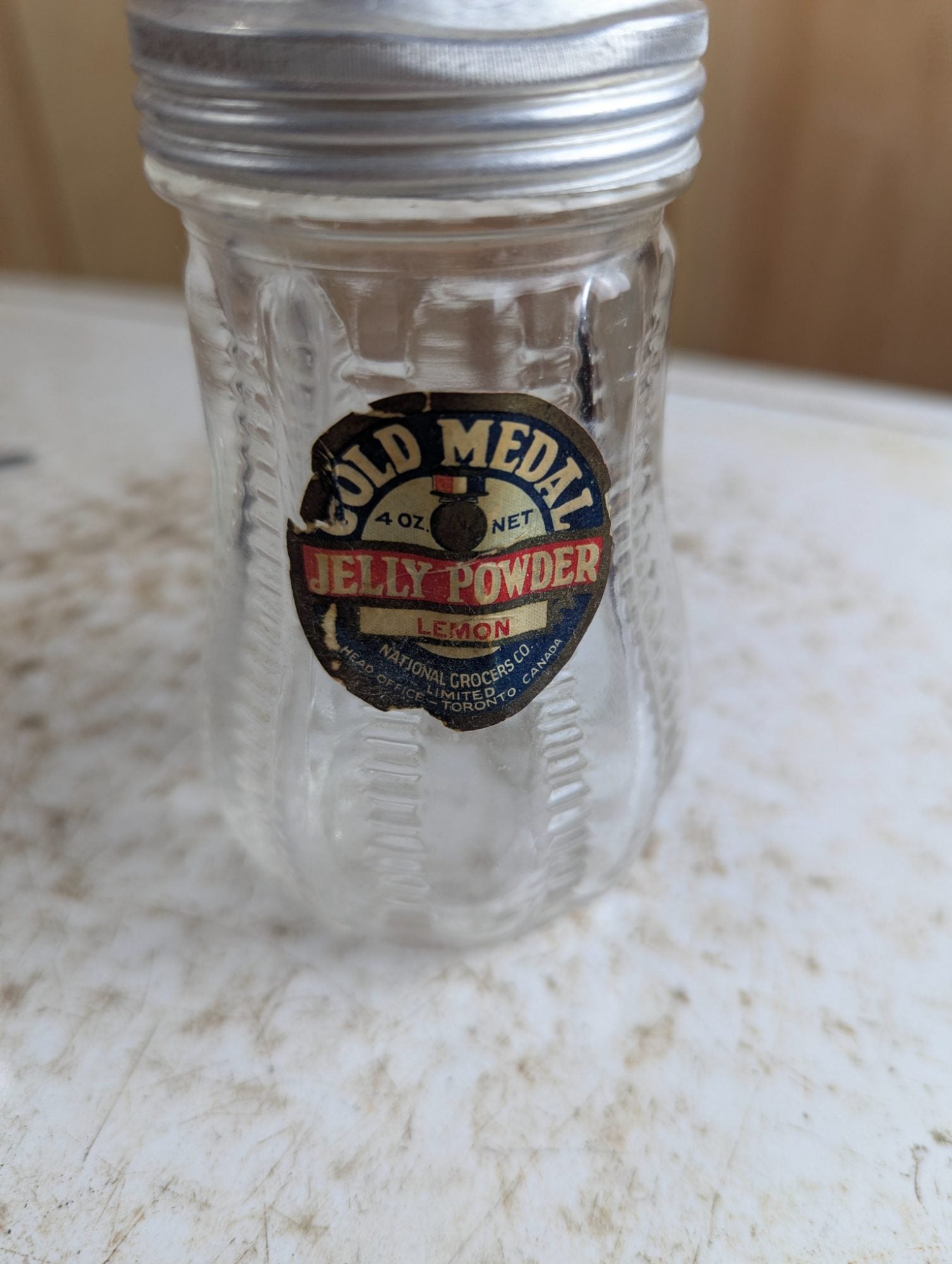 Vintage Gold Medal Lemon Jelly Powder Glass Jar with Lid and Label