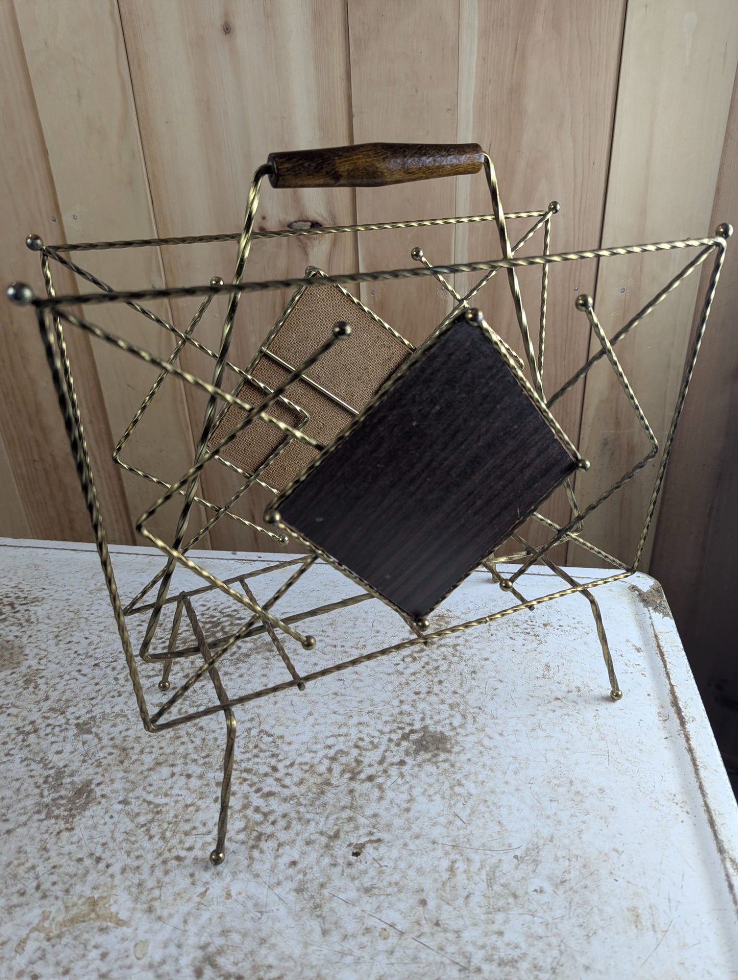 Vintage MCM Atomic Brass Wire Magazine Rack