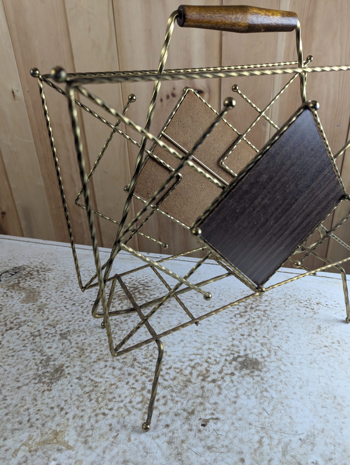 Vintage MCM Atomic Brass Wire Magazine Rack