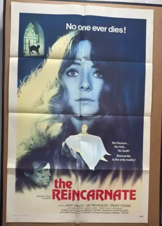 Movie poster for 'The Reincarnate' with a woman's face and text 'No one ever dies!' in a framed setting.