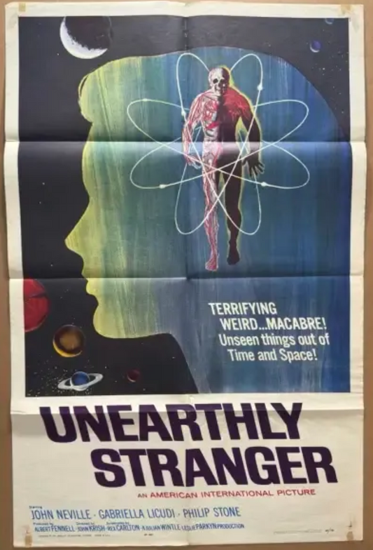 Movie poster for 'Unearthly Stranger' with a stylized face and atomic symbol.