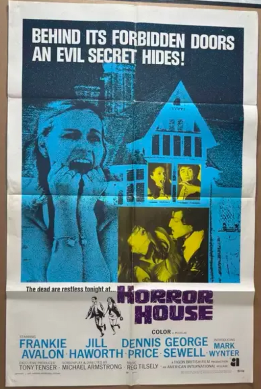 Horror movie poster for 'Horror House' with text and images of a house and people.