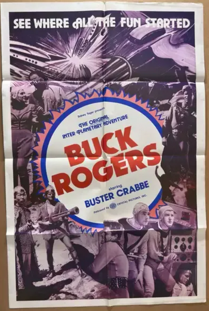 Vintage movie poster for 'Buck Rogers' with black and white images and text.