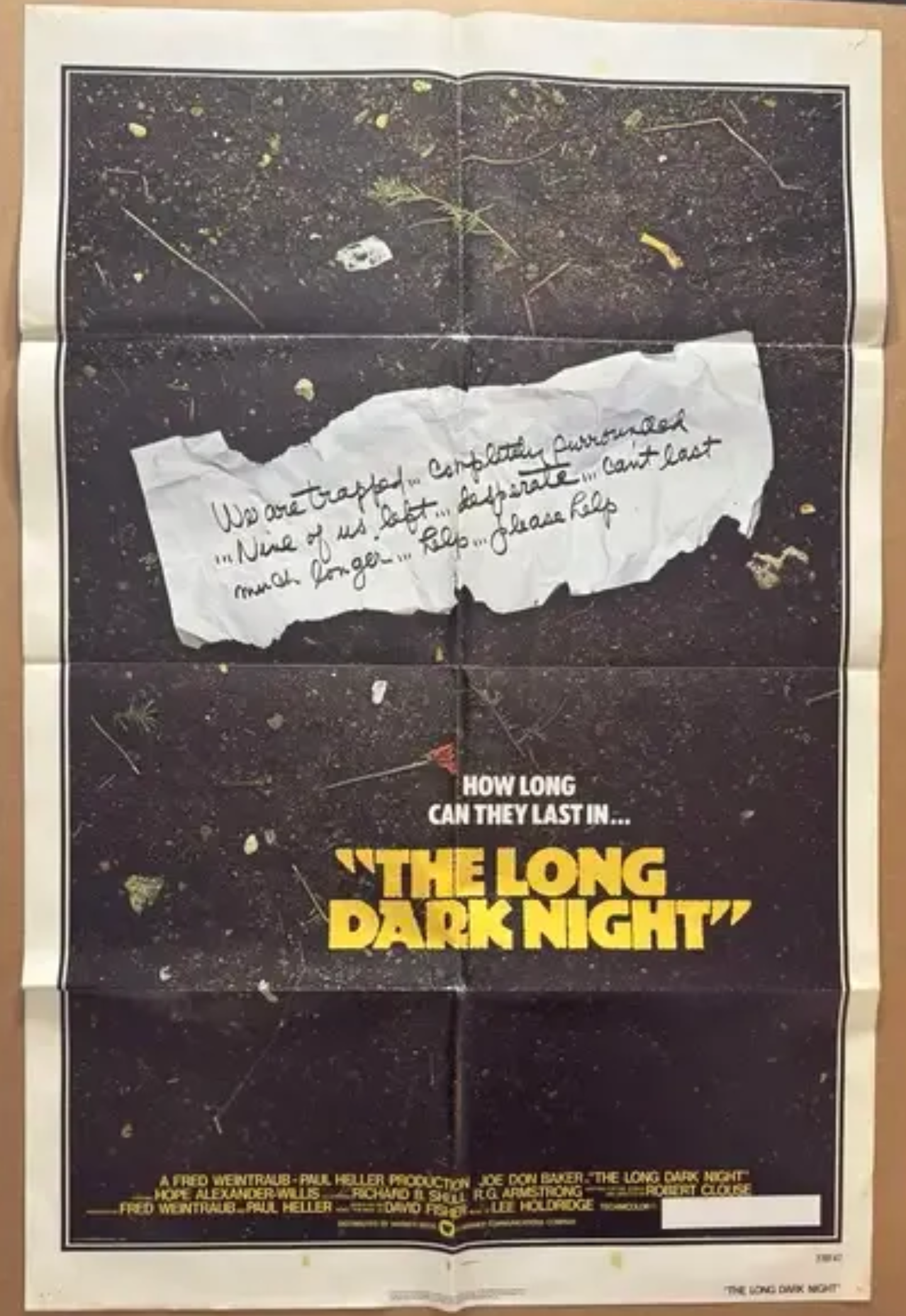 Vintage-style poster with 'The Long Dark Night' text and a torn piece of paper.