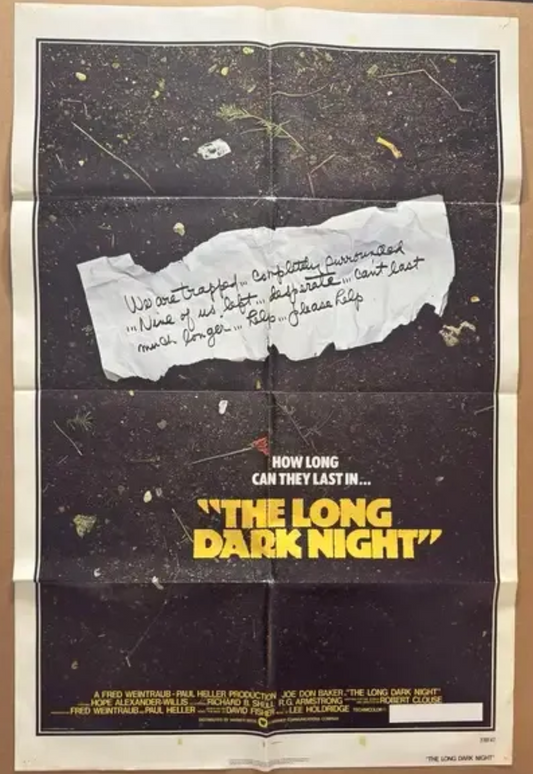 Vintage-style poster with 'The Long Dark Night' text and a torn piece of paper.