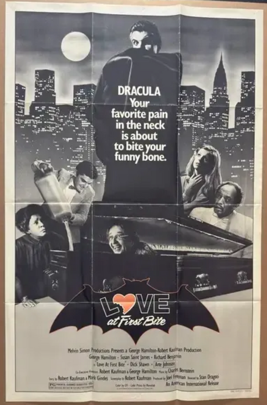 Vintage-style advertisement with black and white images and text, featuring a cityscape and a coffin.