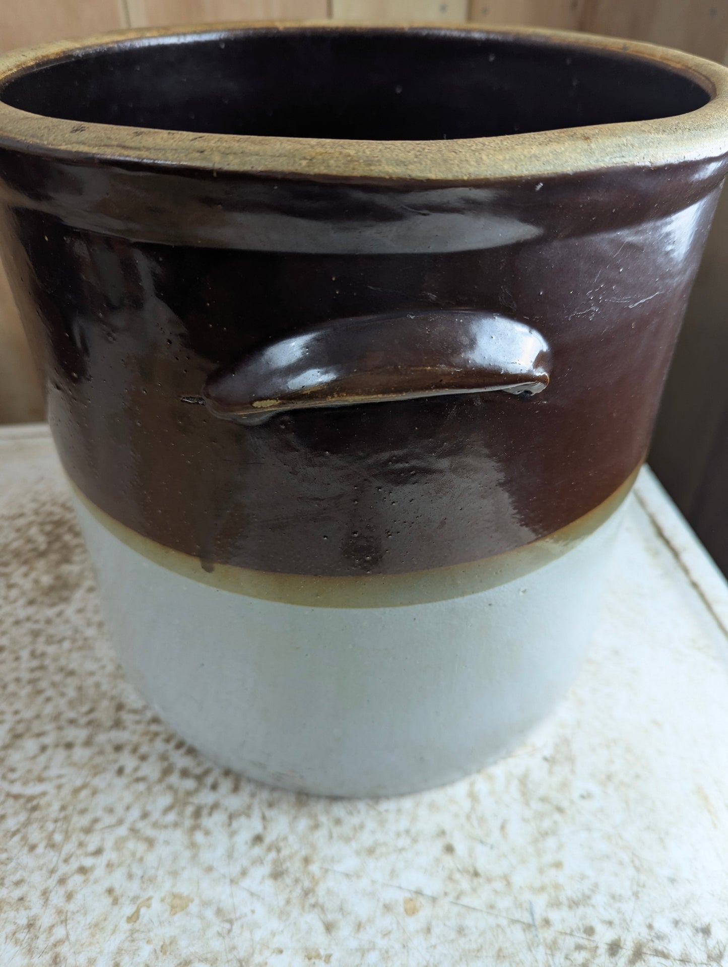 Antique #4 2-Tone Stoneware Crock with Handles and Lid - view 2