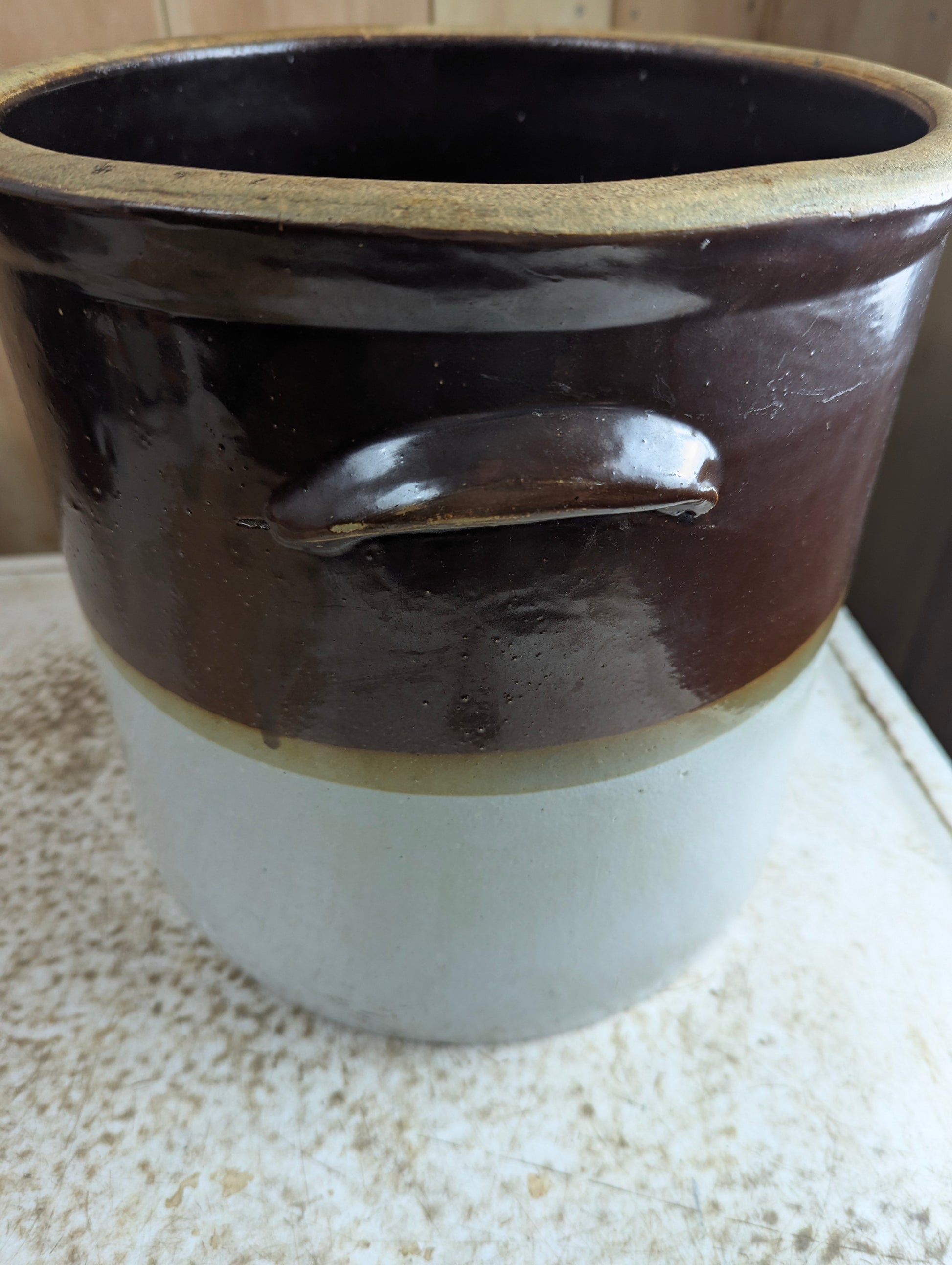Antique #4 2-Tone Stoneware Crock with Handles and Lid - view 2