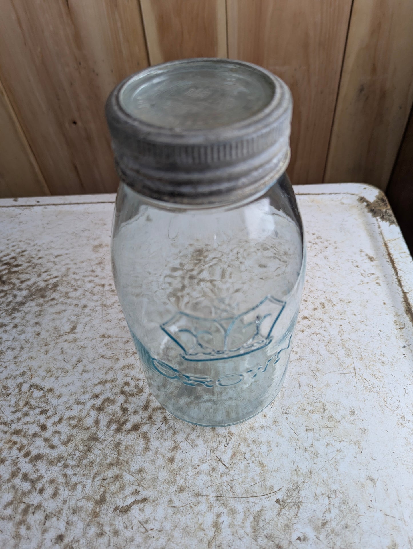 Antique Aqua Blue Glass No Dot Crown Quart Mason Jar