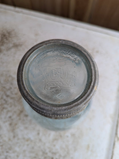 Antique Aqua Blue Glass No Dot Crown Quart Mason Jar - view 3