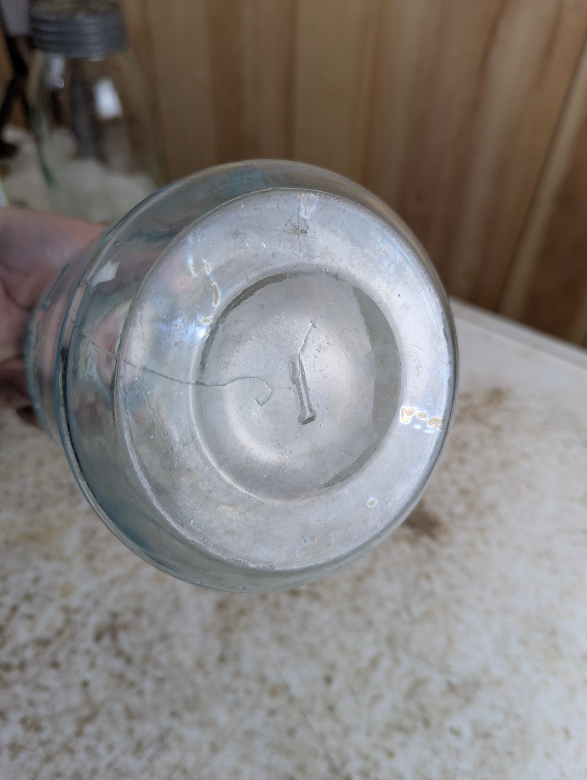 Antique Aqua Blue Glass No Dot Crown Quart Mason Jar - view 4