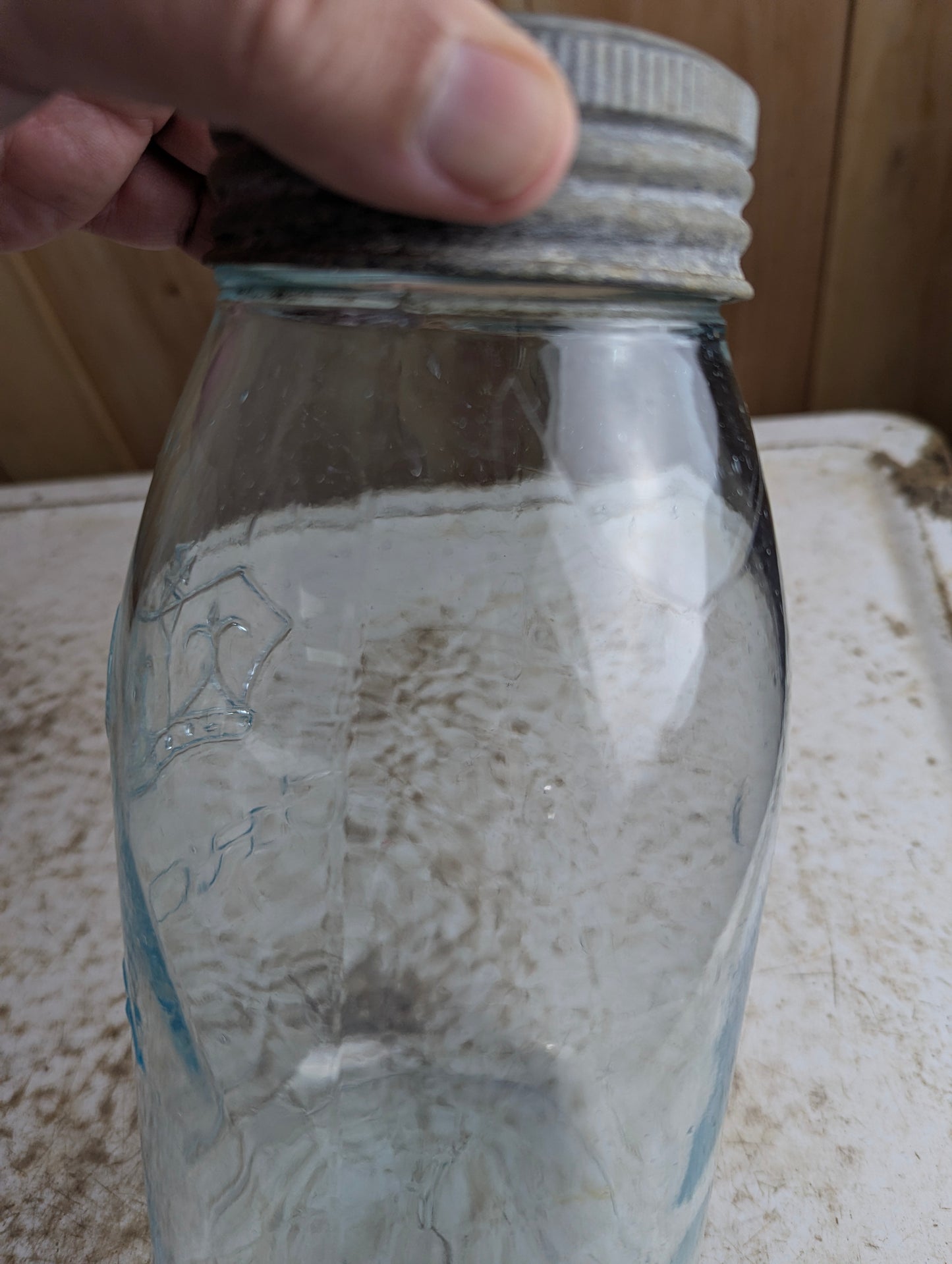 Antique Aqua Blue Glass No Dot Crown Quart Mason Jar - view 5