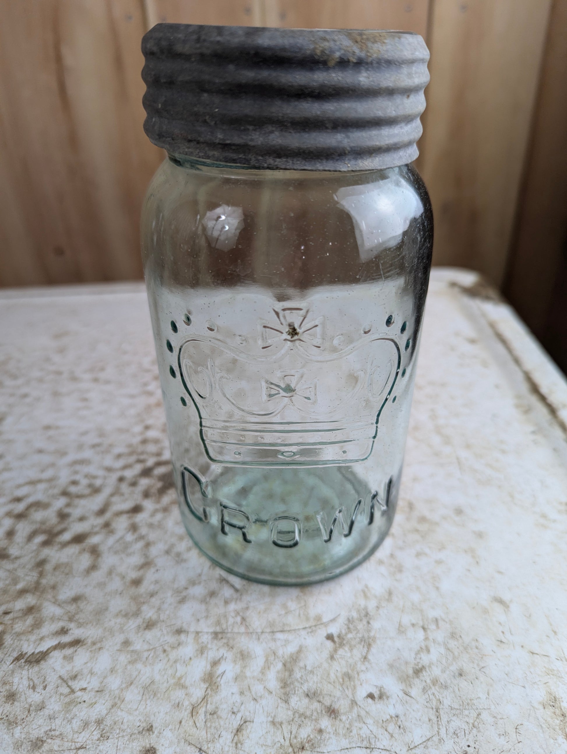 Antique Aqua Glass Crown Pint Mason Jar