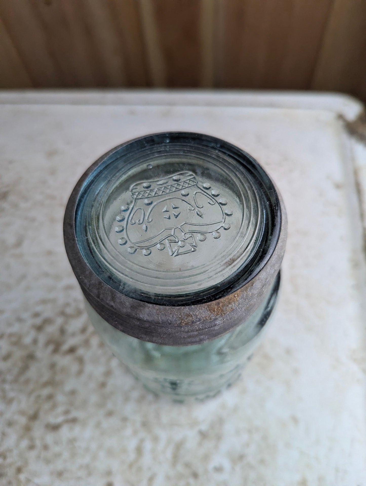 Antique Aqua Glass Crown Pint Mason Jar - view 3