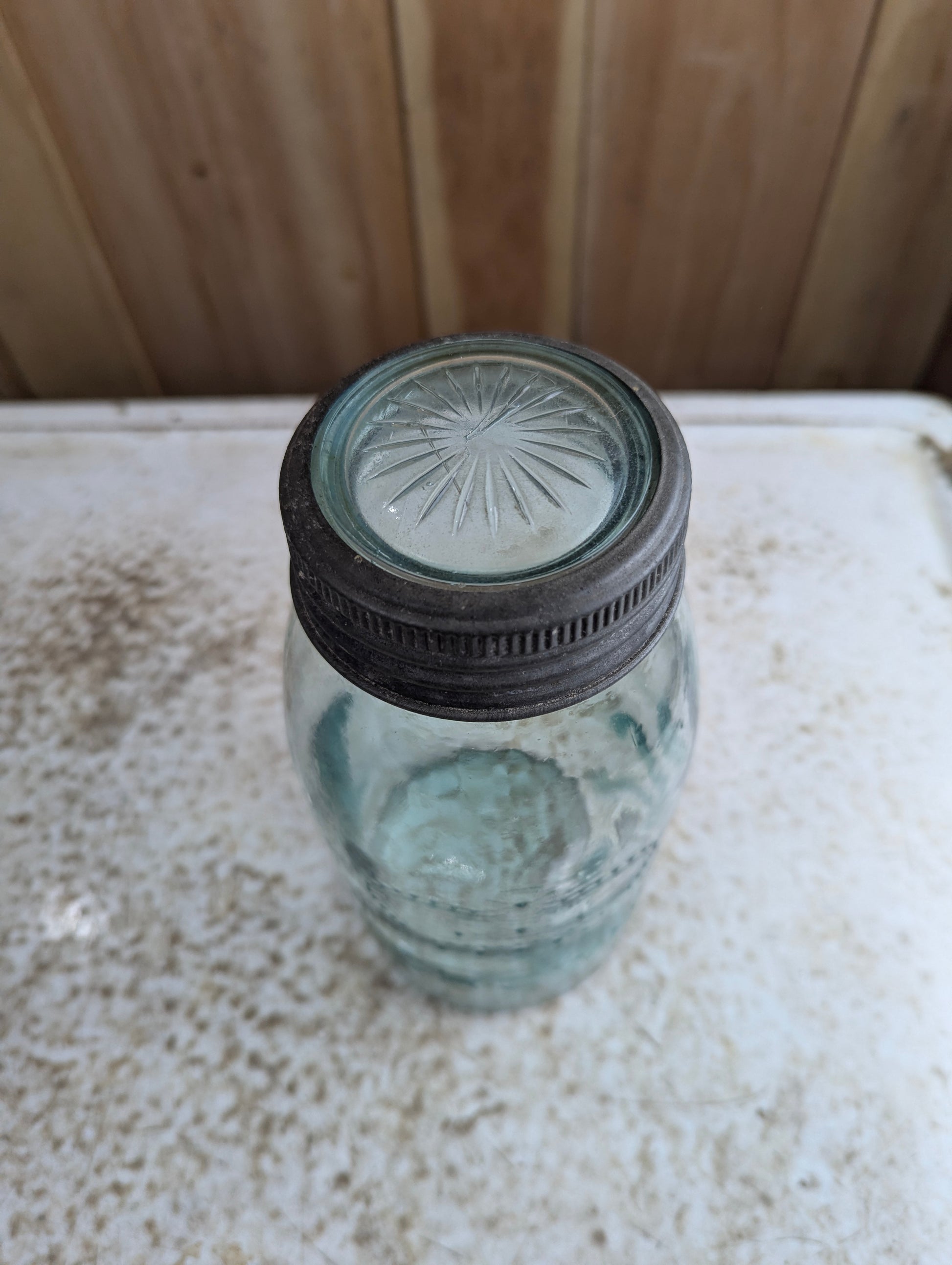 Antique Aqua Glass Crown Quart Mason Jar - view 2