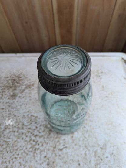 Antique Aqua Glass Crown Quart Mason Jar - view 2