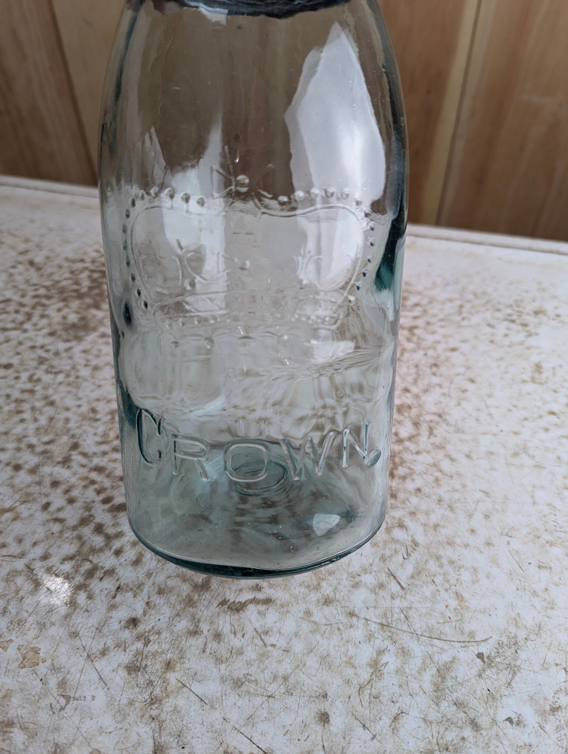 Antique Aqua Glass Crown Quart Mason Jar - view 3