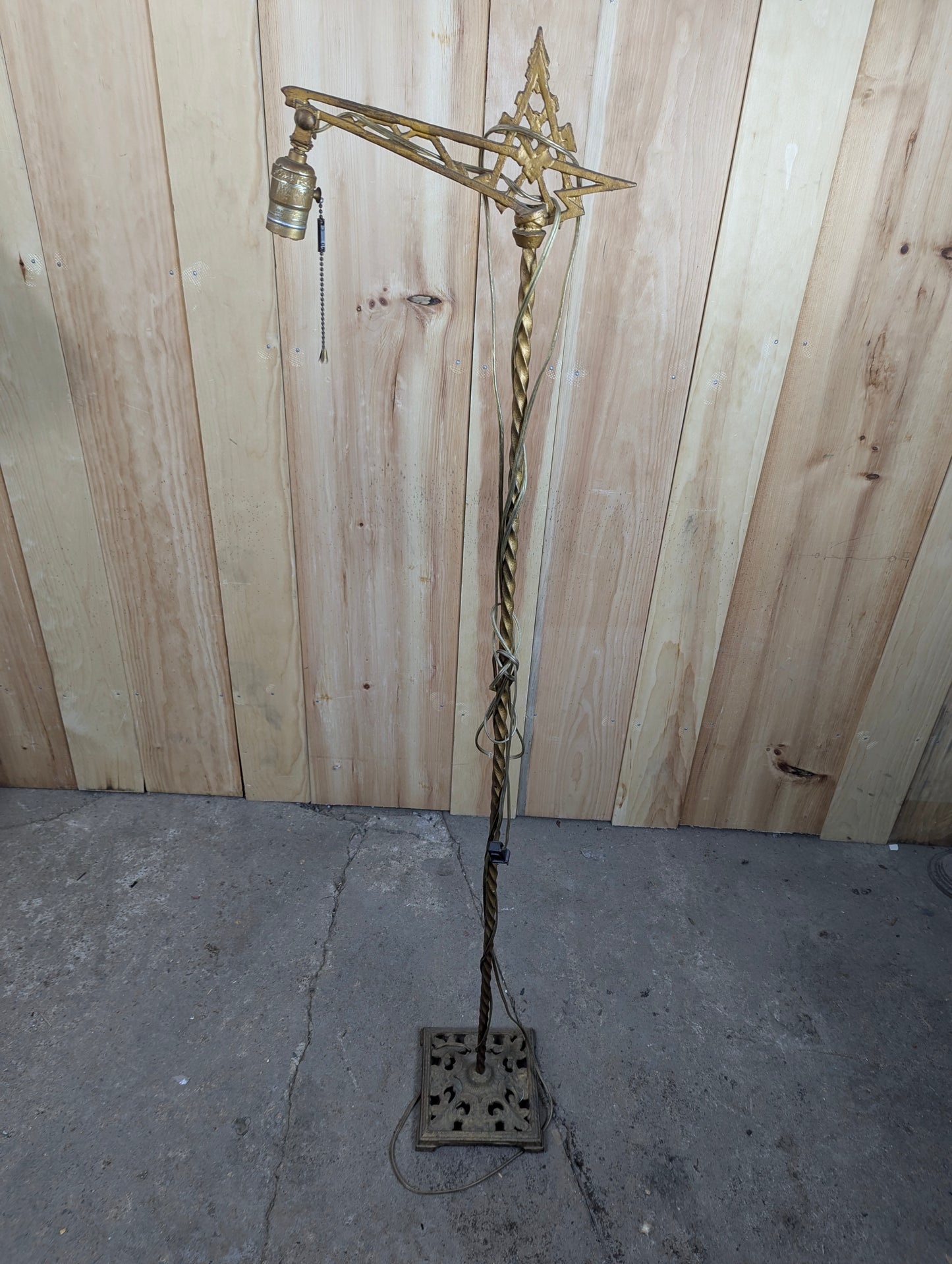 Antique Art Deco Bridge Arm Floor Lamp with Twisted Wrought Iron Neck