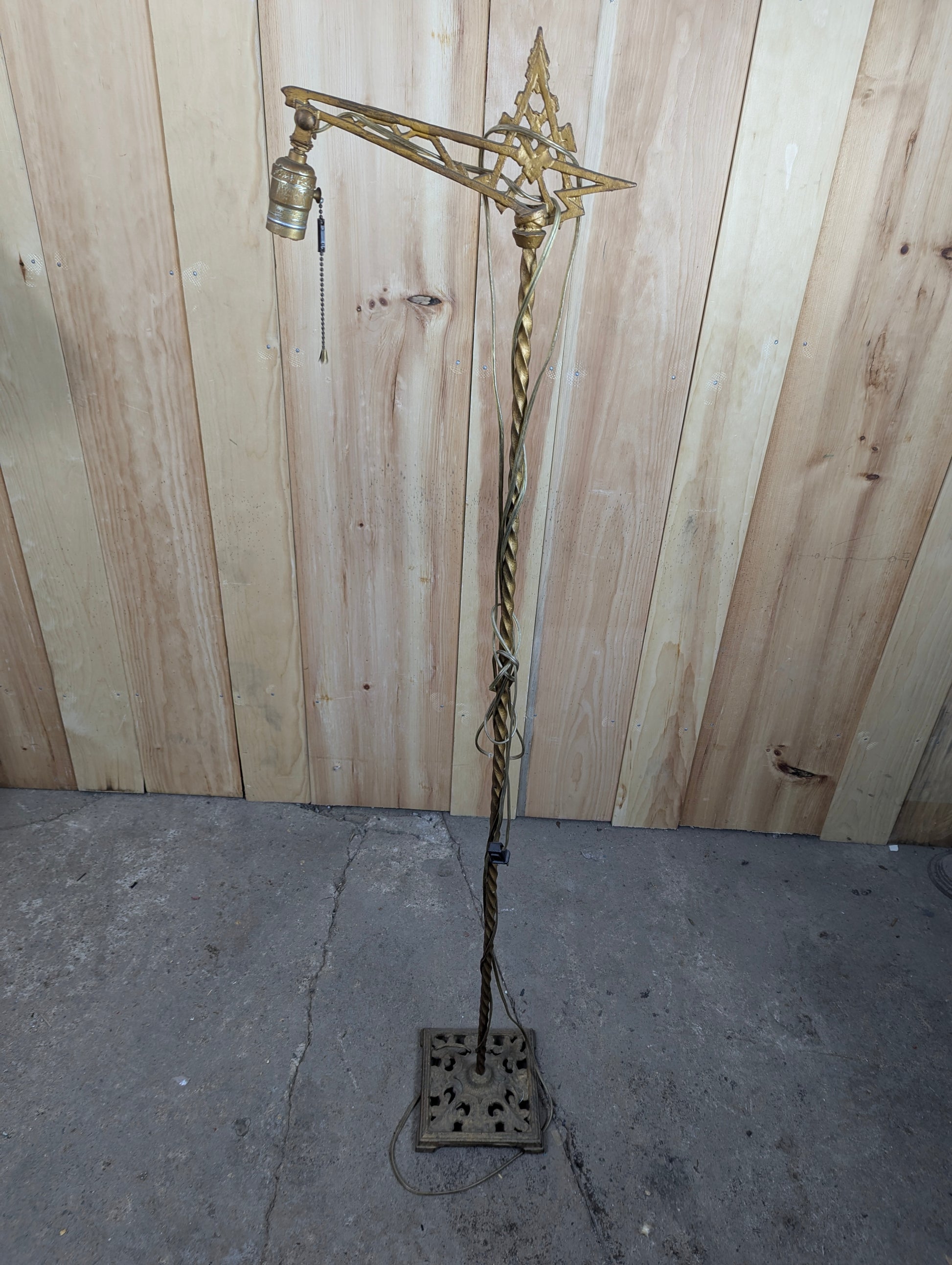 Antique Art Deco Bridge Arm Floor Lamp with Twisted Wrought Iron Neck