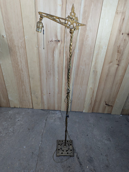 Antique Art Deco Bridge Arm Floor Lamp with Twisted Wrought Iron Neck