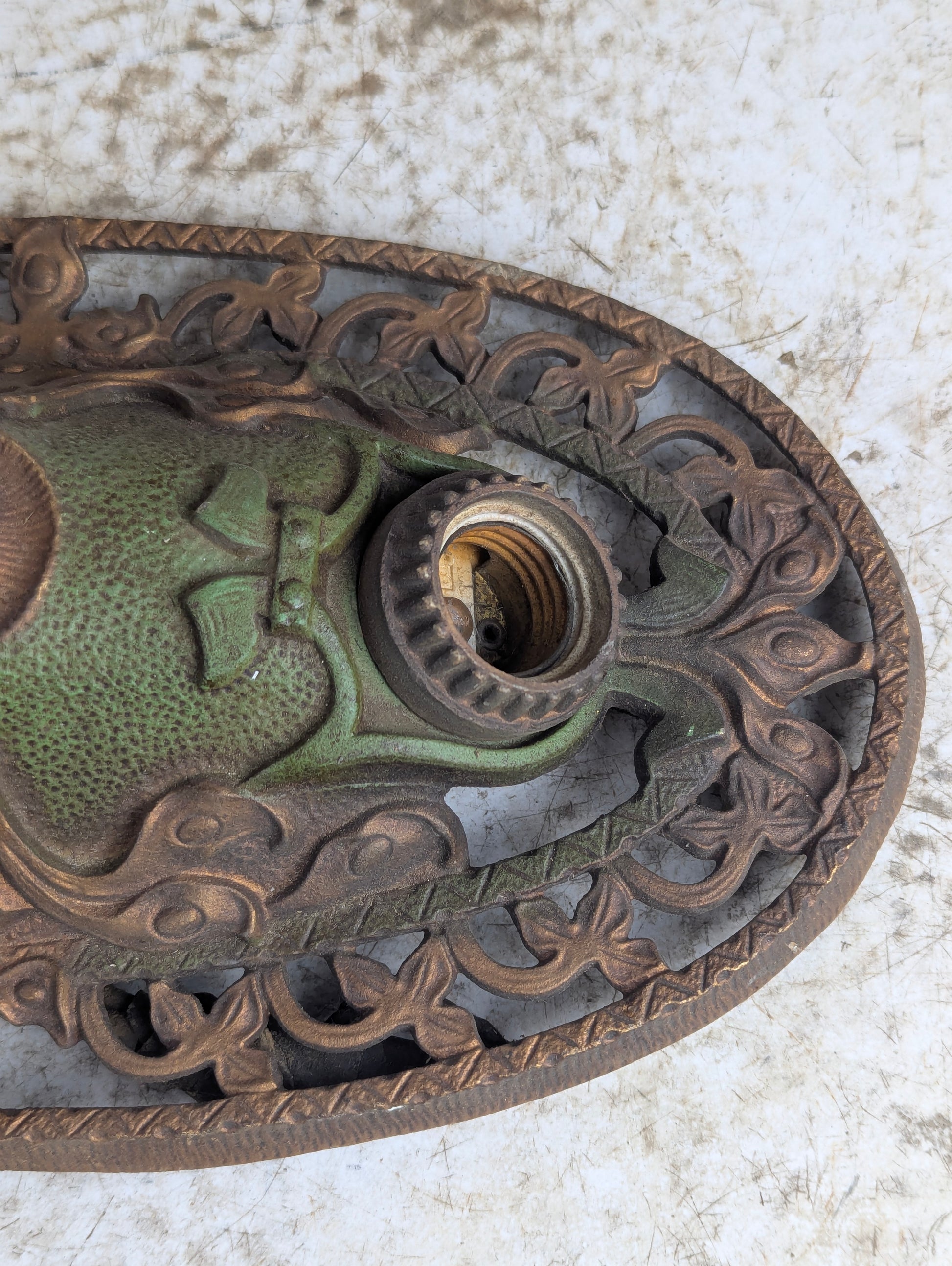 Antique Art Deco Flush Mount Original Paint Cast Iron Light Fixture - view 4