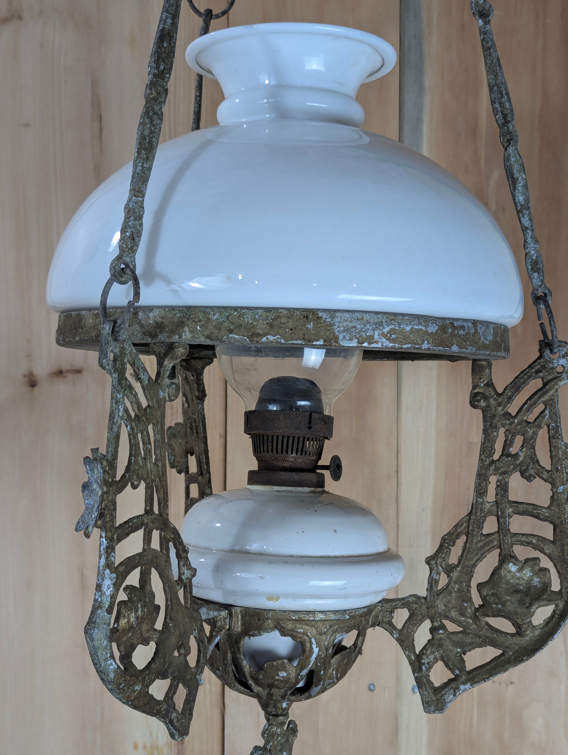 Antique Art Nouveau Cast Aluminum Milk Glass Hanging Oil Lamp - view 2