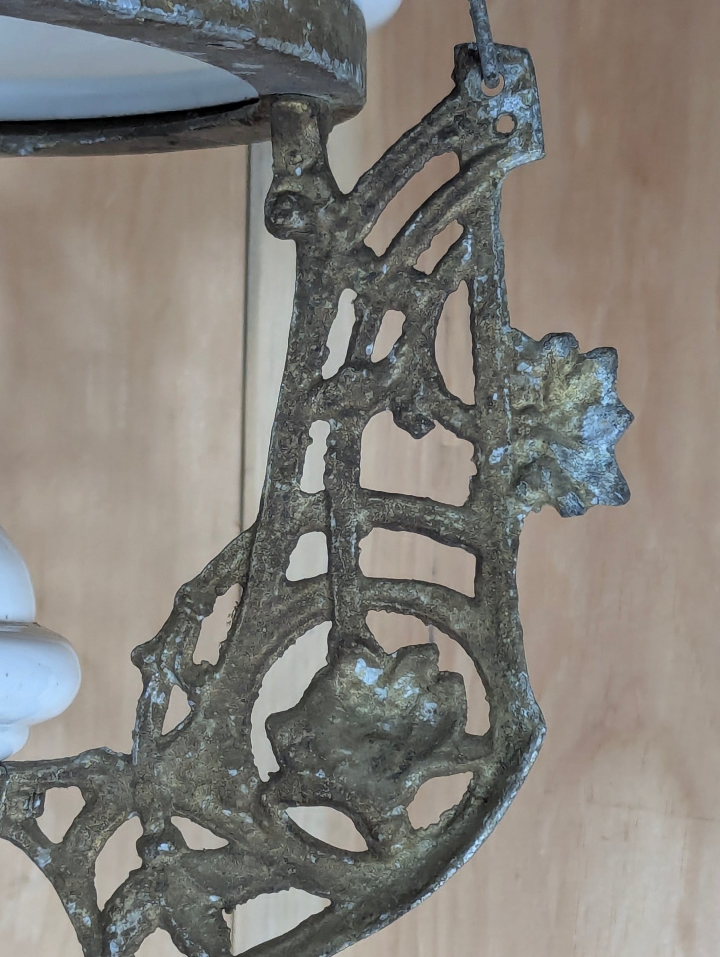 Antique Art Nouveau Cast Aluminum Milk Glass Hanging Oil Lamp - view 5