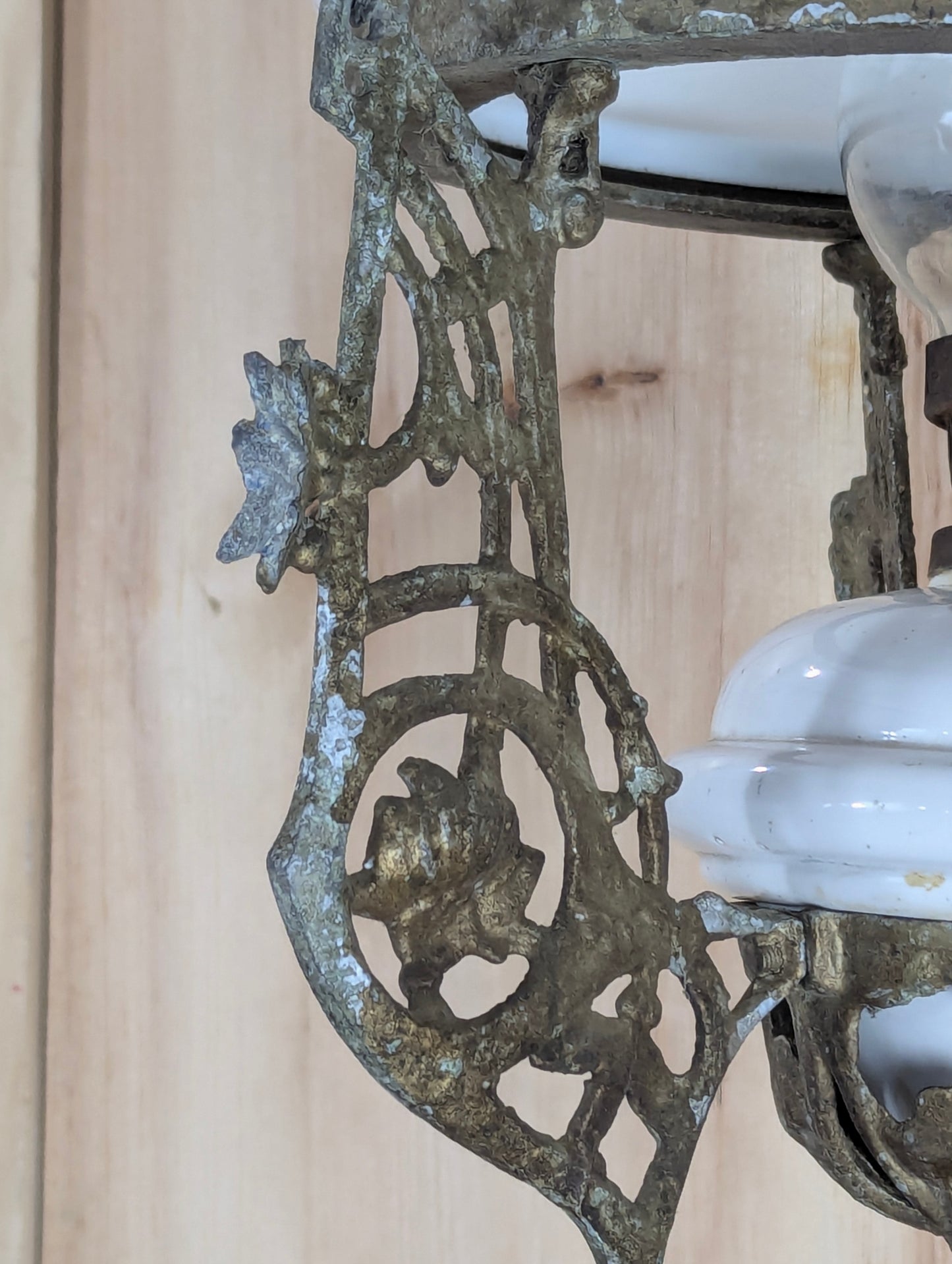 Antique Art Nouveau Cast Aluminum Milk Glass Hanging Oil Lamp - view 6