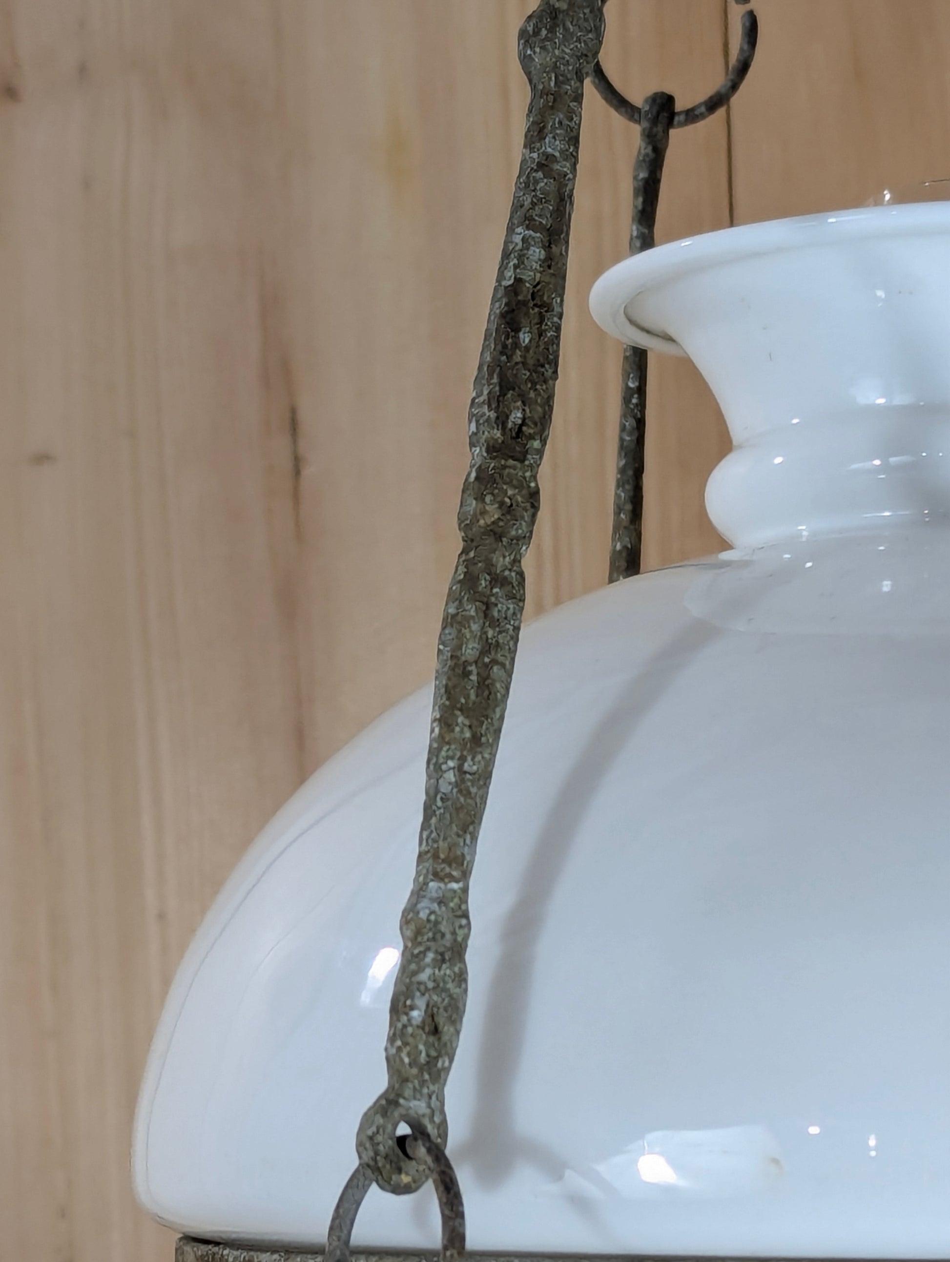 Antique Art Nouveau Cast Aluminum Milk Glass Hanging Oil Lamp - view 7