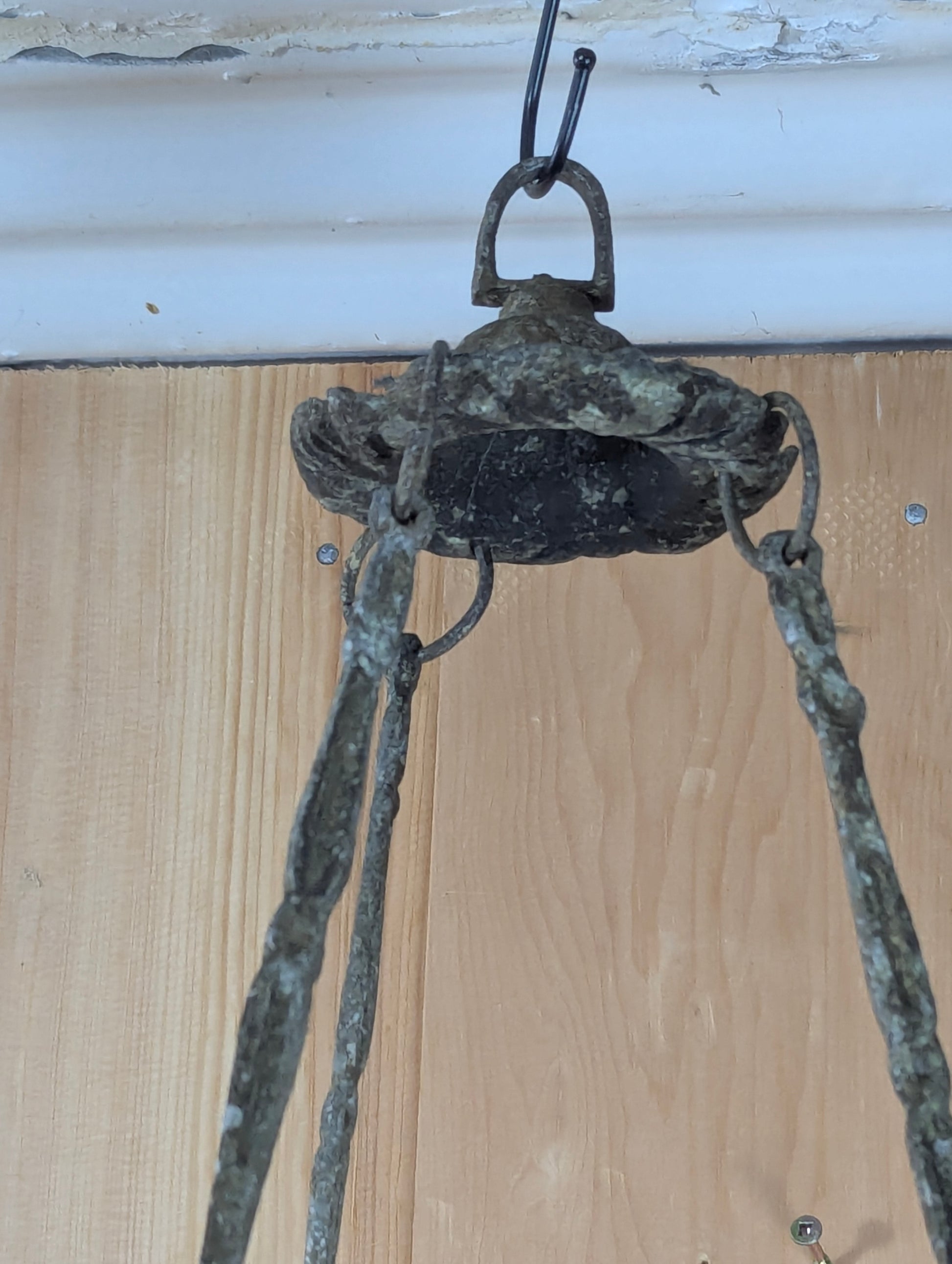 Antique Art Nouveau Cast Aluminum Milk Glass Hanging Oil Lamp - view 8