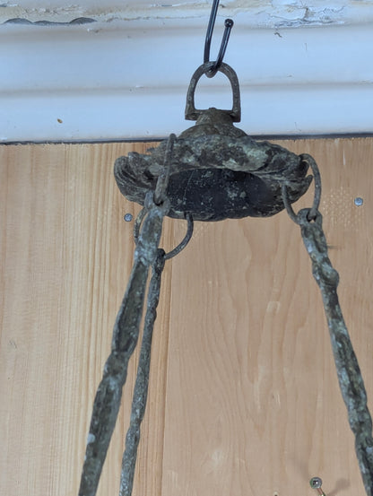Antique Art Nouveau Cast Aluminum Milk Glass Hanging Oil Lamp - view 8