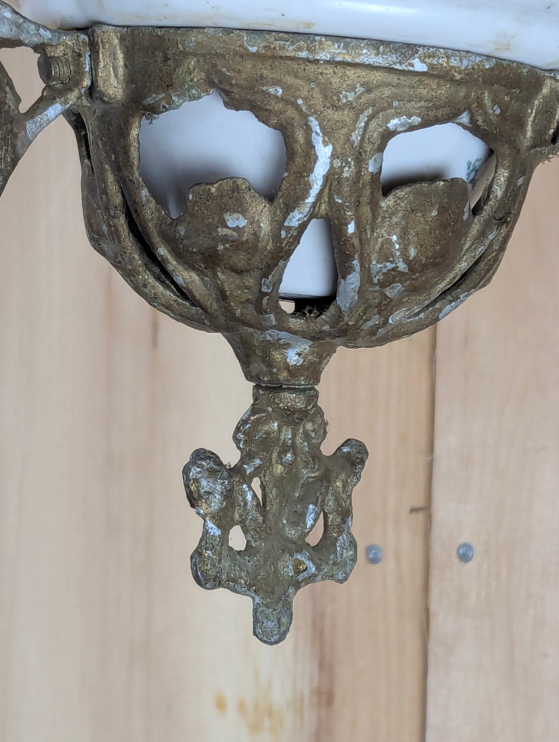 Antique Art Nouveau Cast Aluminum Milk Glass Hanging Oil Lamp - view 9