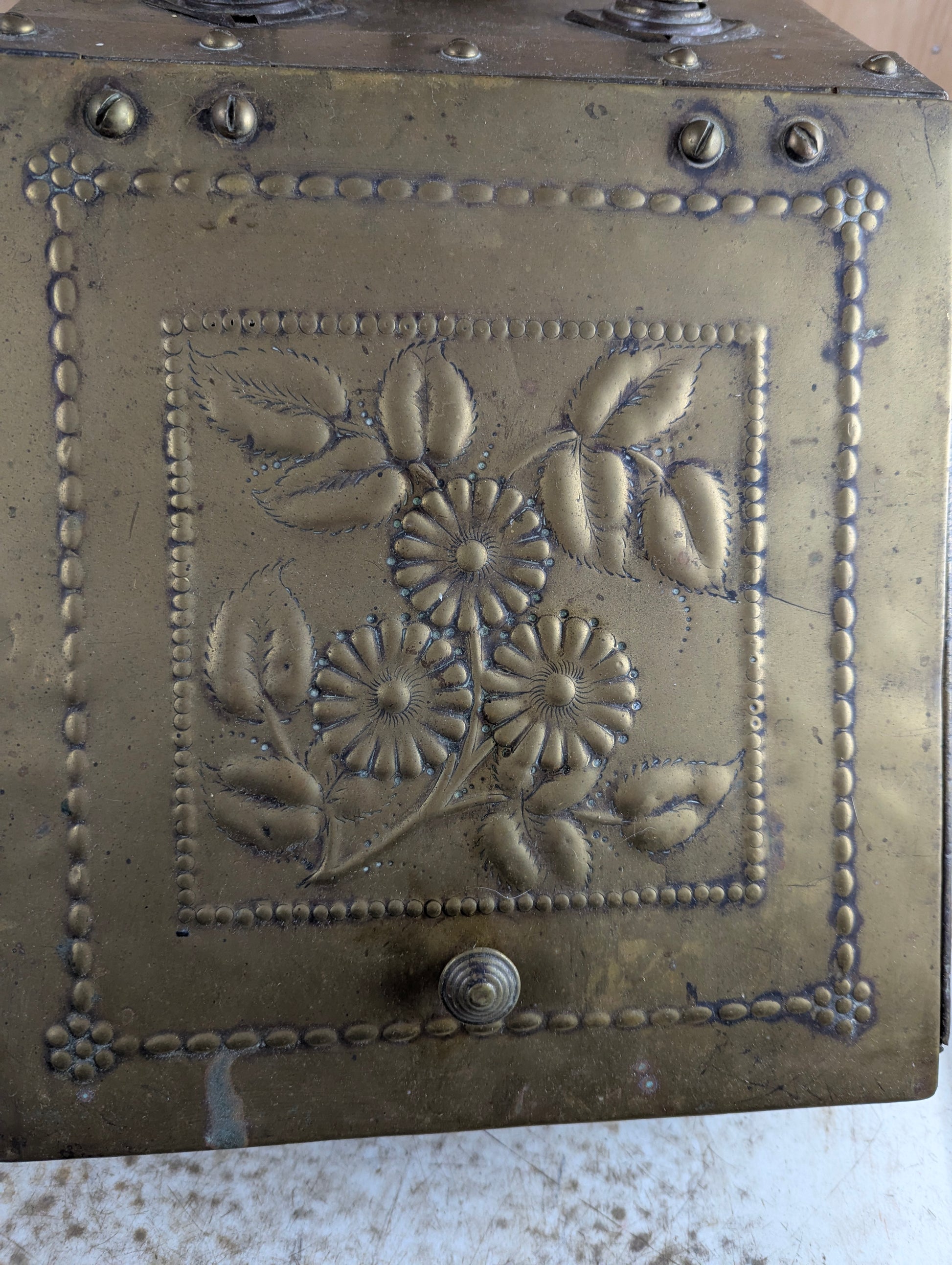 Antique Brass Coal Scuttle Box With Shovel - view 2