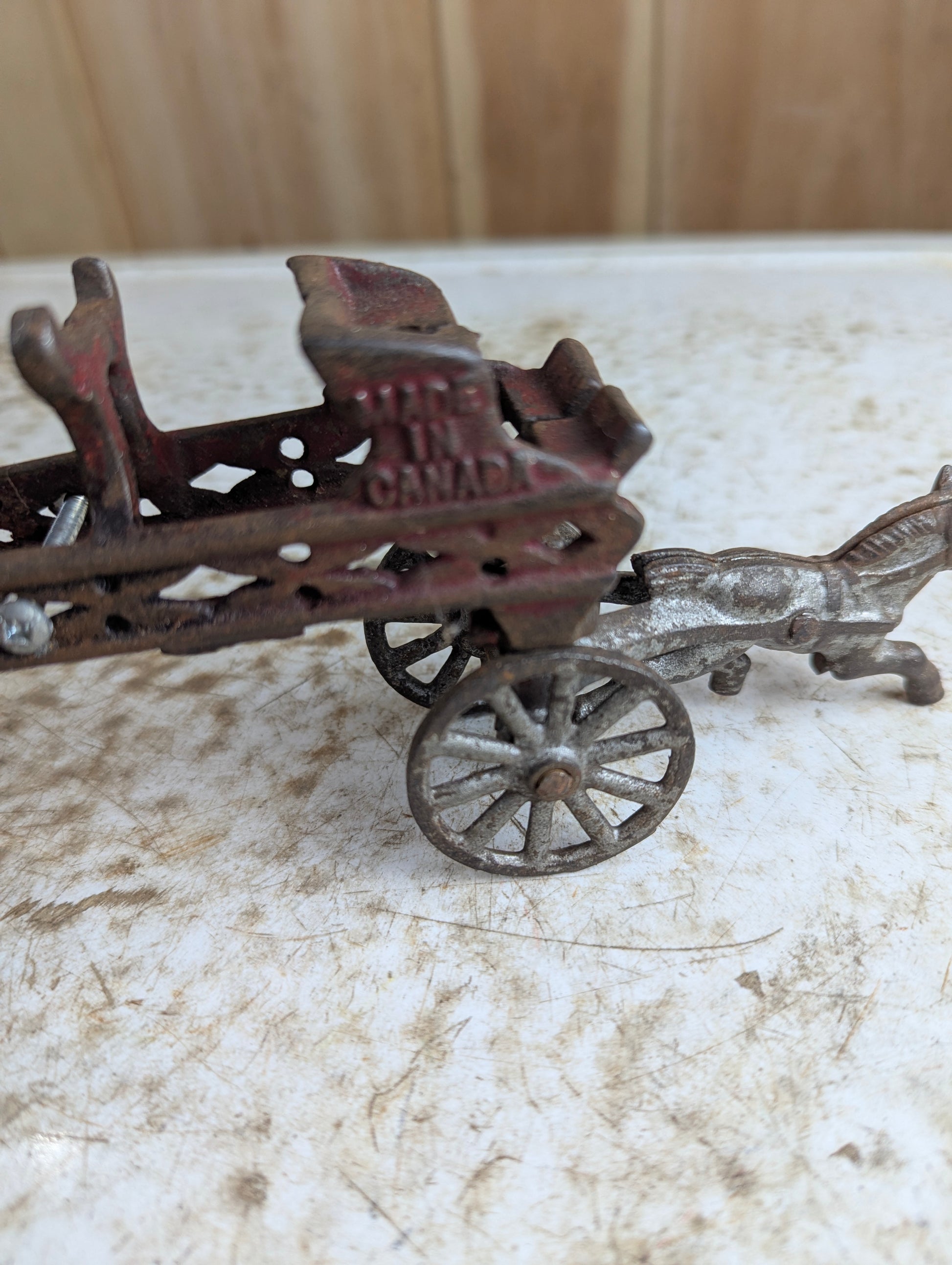 Antique Canadian Made Cast Iron Fire Wagon Toy - Damaged - view 5