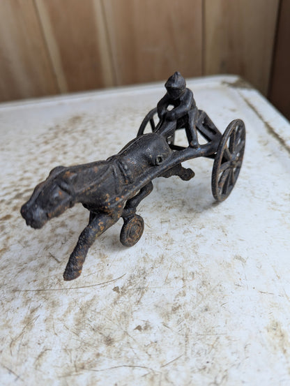 Antique Cast Iron Horse Drawn Sulky and Jockey Toy