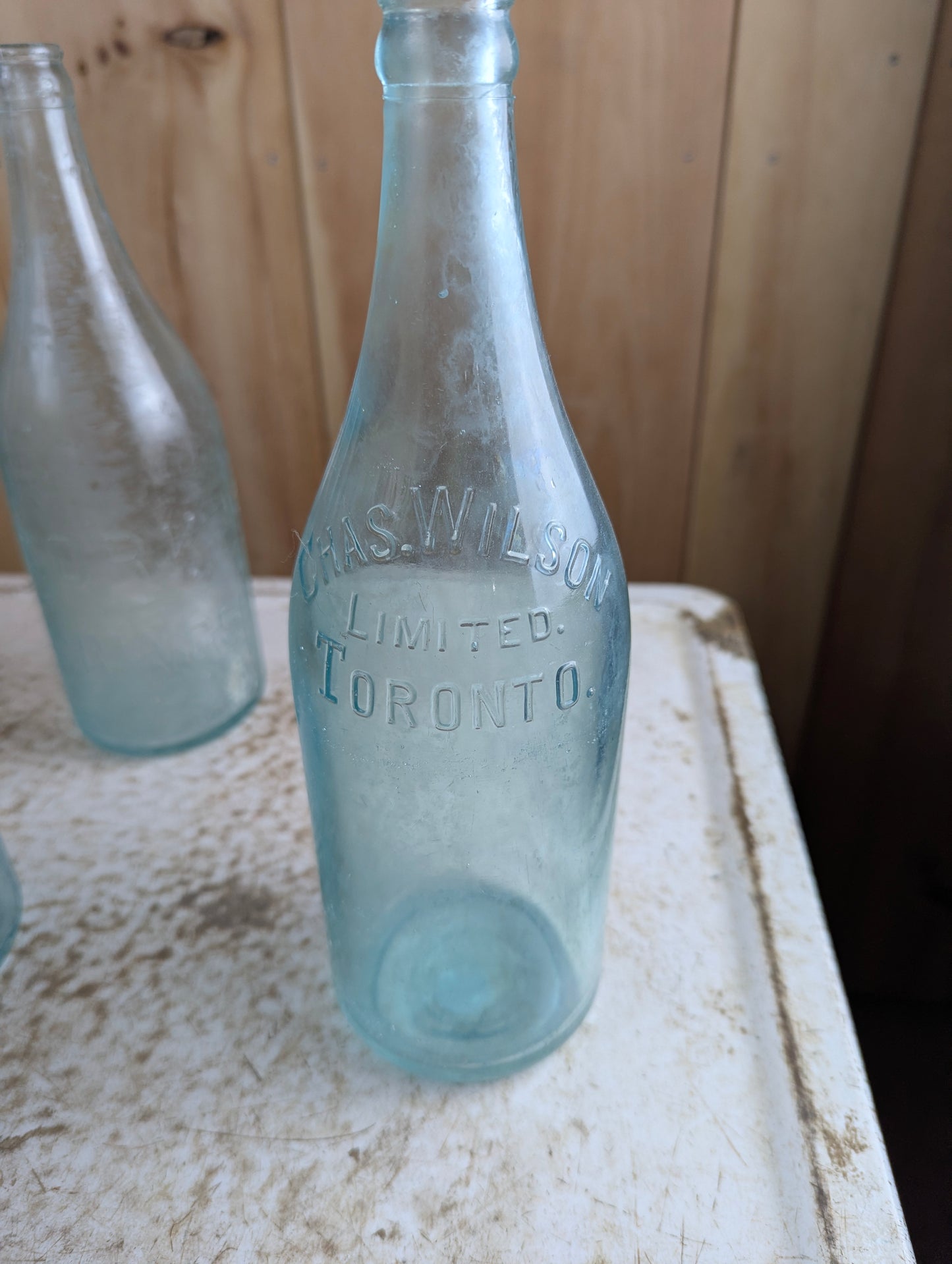 Antique Chas Wilson Toronto Embossed Aqua Blue Glass Quart Soda Bottle