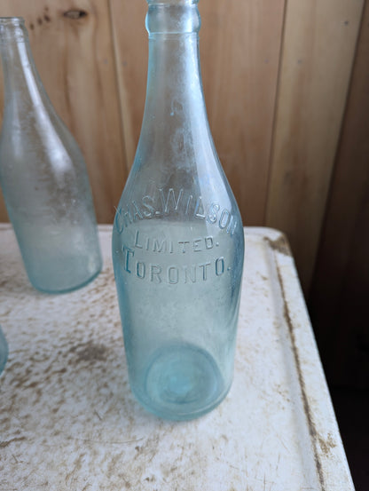Antique Chas Wilson Toronto Embossed Aqua Blue Glass Quart Soda Bottle