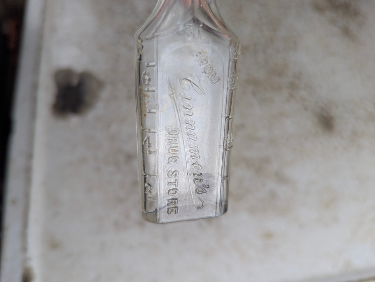 Antique Cinnamon's Drug Store Embossed Clear Glass Apothecary Medicine Bottle - view 2