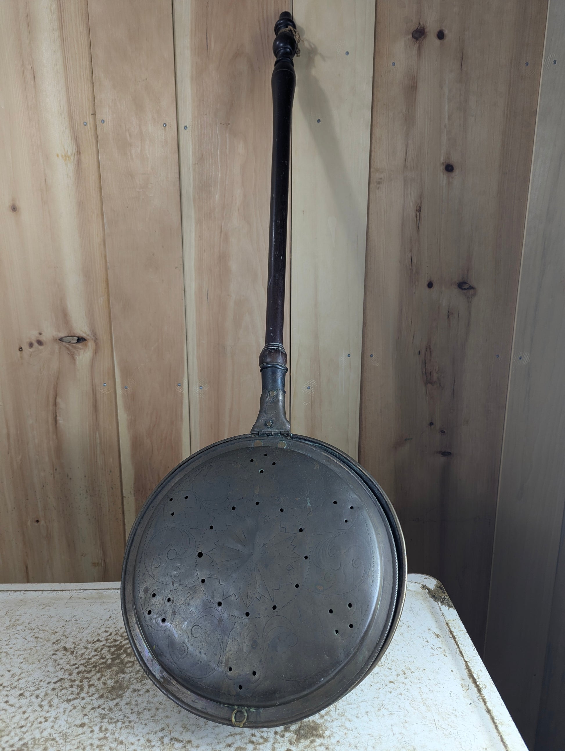 Antique Copper Bed Warmer Pan with Wood Handle