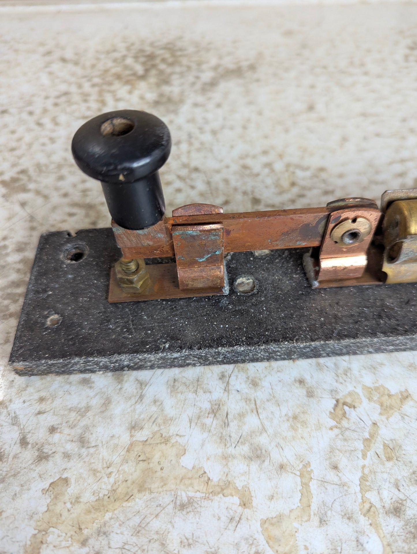 Antique Copper Knife Switch Mounted on Slate with a Fuse - view 2