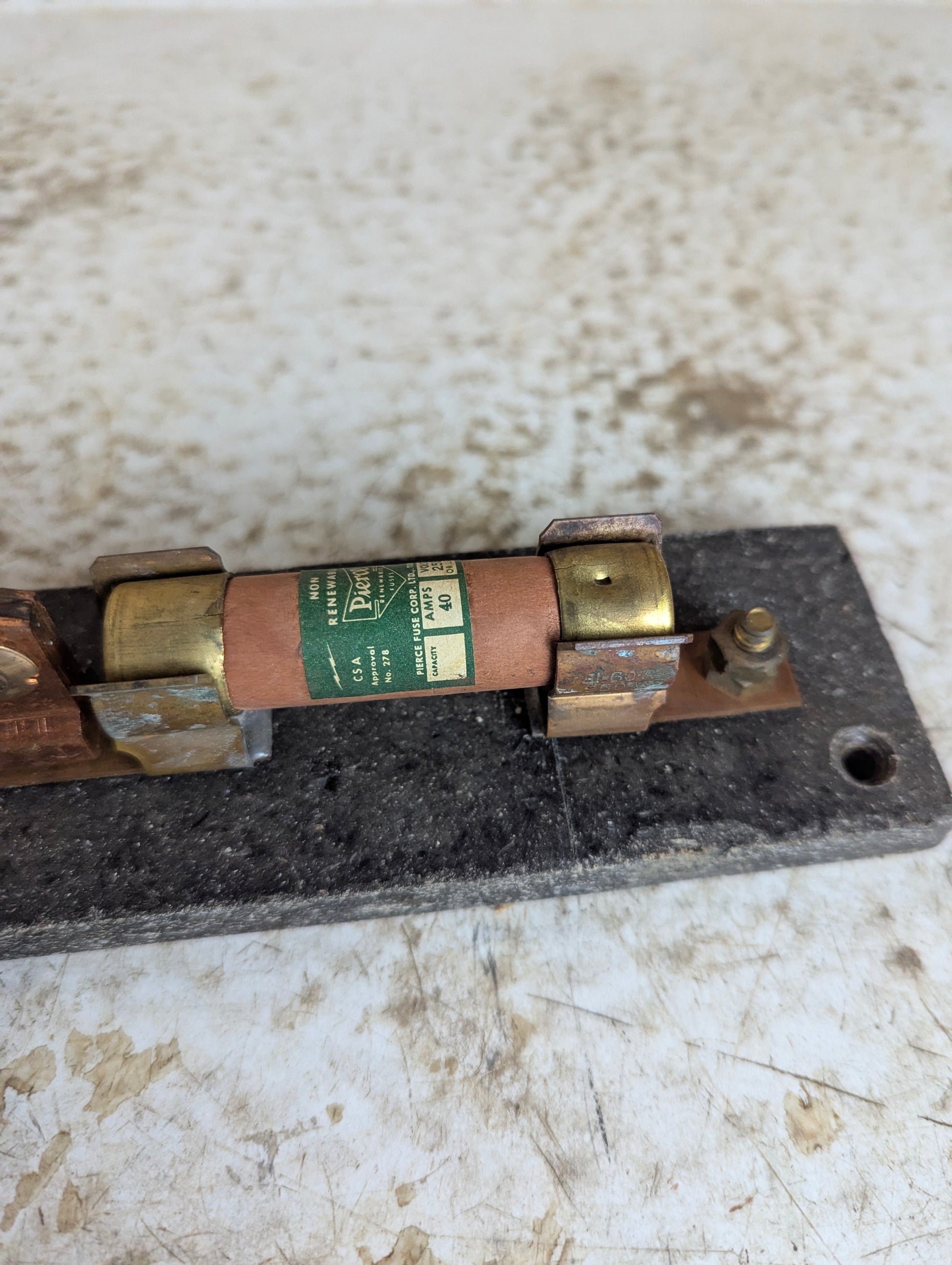 Antique Copper Knife Switch Mounted on Slate with a Fuse - view 3
