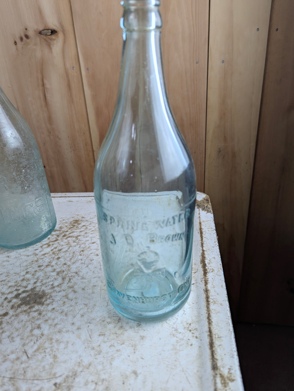 Antique J.D. Brown Gravenhurst Embossed Aqua Blue Glass Quart Spring Water Soda Bottle