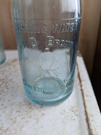 Antique J.D. Brown Gravenhurst Embossed Aqua Blue Glass Quart Spring Water Soda Bottle - view 2