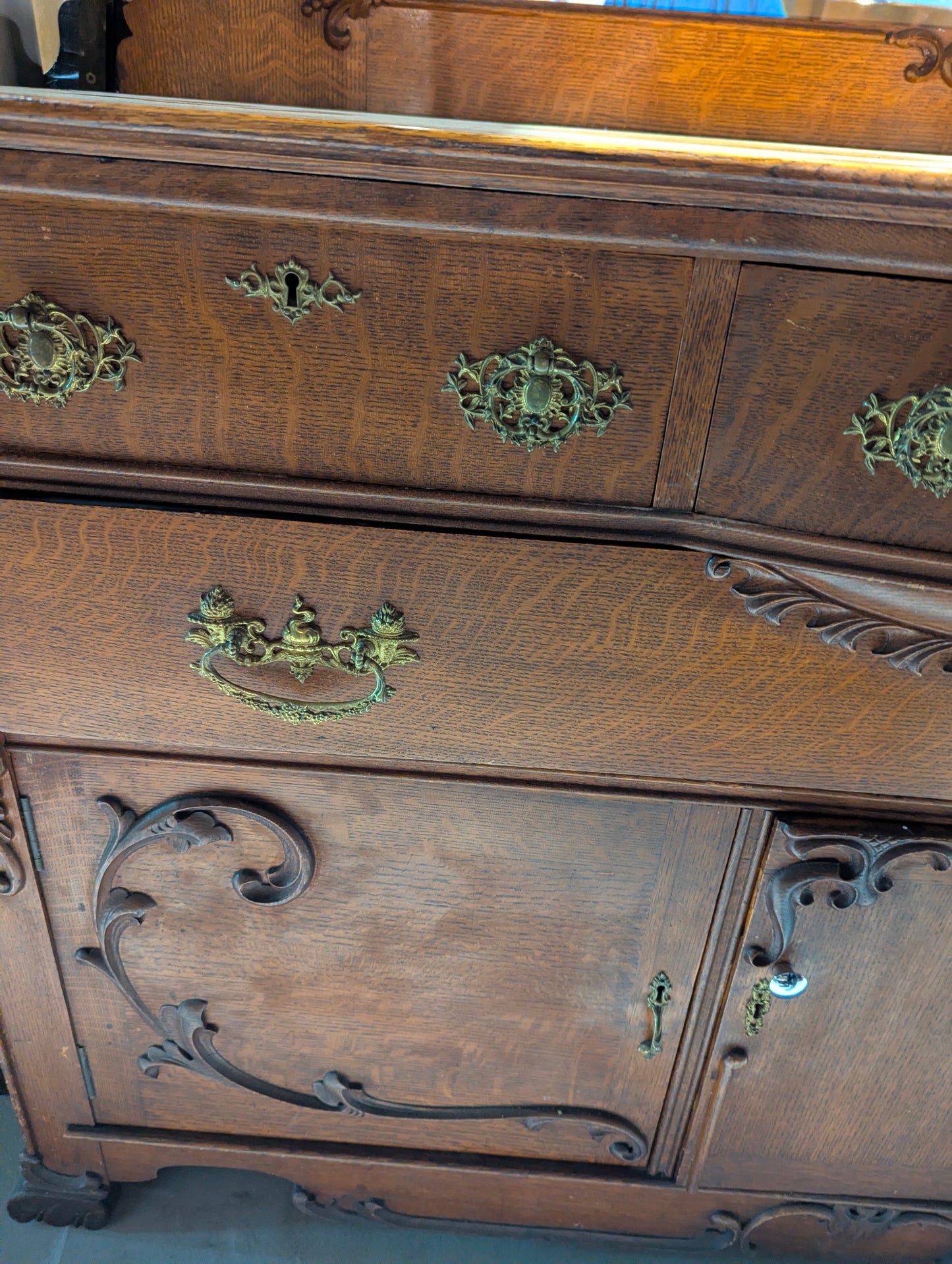 Antique Oak Buffet with Bevelled Mirror - view 4