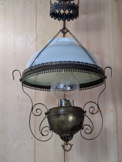 Antique Opaline Glass Hanging Oil Lamp